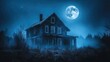 © afridwi1999 - A haunting, eerie house under a full moon, surrounded by fog and dark trees.