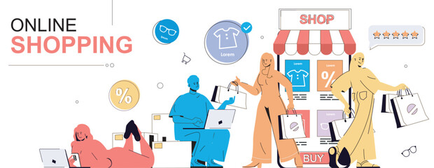 Poster - Online shopping concept in flat cartoon design for web banner. People with bags doing purchases, ordering new products using mobile app or store site by laptop, leaving feedbacks. Vector illustration.