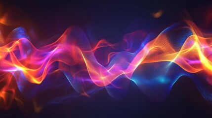 Wall Mural - a striking digital artwork displaying vivid neon waves flowing through a dark space, capturing a fut