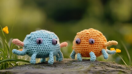 Two adorable crocheted creatures highlighted in contrasting colors seem to explore a serene outdoor setting, evoking playful charm and curiosity.