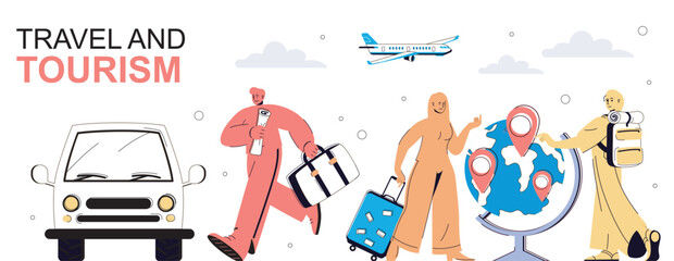 Poster - Travel and tourism concept in flat cartoon design for web banner. People with luggage or backpack flying in global trip or riding by car, visiting new countries with sightseeing. Vector illustration.