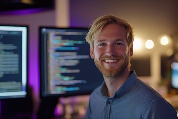 a german man software engineer. the engineer is in a room full of screens. there is software code on