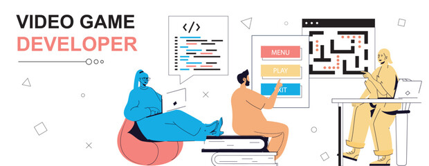 Leinwandbilder - Video game developer concept in flat cartoon design for web banner. People creating new product, write code for different computer games, programming at screen, testing interface. Vector illustration.