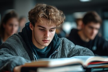 Wall Mural - Students studying with books in classroom, Generative AI