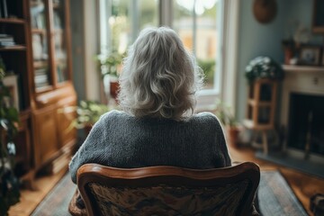 Senior woman sitting alone on a chair at home, Generative AI