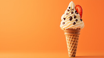 ice cream on cone with strawberry and chocolate chips