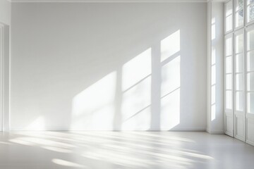 Wall Mural - Sunlight streaming through large windows into an empty, minimalist room with white walls and a light floor during midday