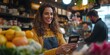 © Pooja - Happy store owner receiving an NFC payment from a customer in her shop, Generative AI