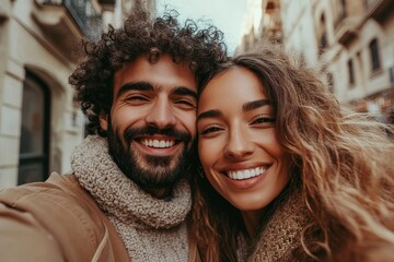 Loving couple taking a fun selfie in the city during their date, Generative AI