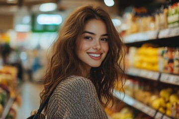 Happy young woman buy groceries in a supermarket, Generative AI