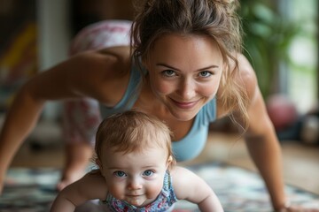 Mom doing plank exercises with her baby, Generative AI