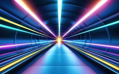 Vivid light beams burst through a futuristic tunnel, creating a dynamic and colorful visual experience in a digital landscape