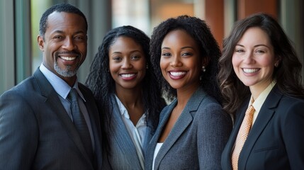 Multi-ethnic business team smiling in office, Generative AI