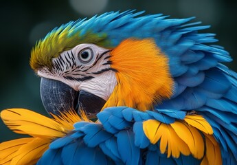 Poster - Vibrant blue and yellow macaw perched amidst bright tropical foliage in a lush environment