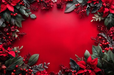 Festive arrangement of greenery and berries on a red background for holiday celebrations