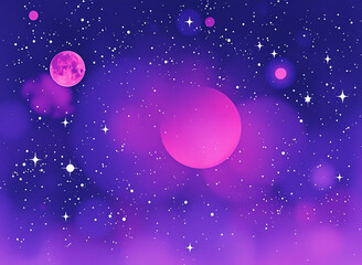 Wall Mural - Vibrant cosmic landscape with colorful planets, stars, and nebulae illuminating a deep violet sky