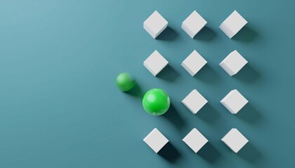 Canvas Print - leadership concept one leader green sphere leads other white boxes winning strategy in business 3d render copy space