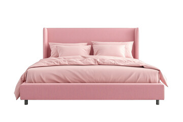 Elegant pink upholstered bed with soft linens in a modern bedroom setting, designed for comfort and style