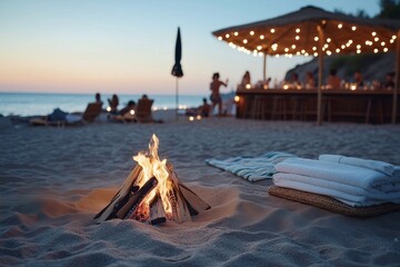 tropical beach party  bonfire at dusk tiki torches