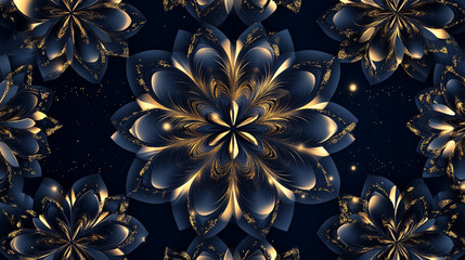 Elegant beautiful gold floral pattern on dark blue fabric background.