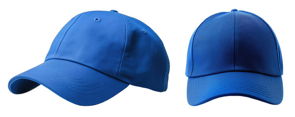 Two different blue baseball caps displayed side by side, showcasing varying shades and designs in natural light