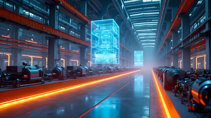 futuristic digital warehouse with electronic grids connected to a barcode scanner. Generative Ai