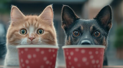 cat and dog cautiously eyeing the food in a bowl