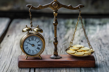 A clock and scale with coins, symbolizing time and wealth, contrasting concepts. Balanced mix of elements suggesting importance of time and money.