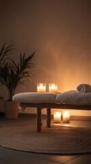 Poster - Burning candles are placed around a massage table in a room with a tropical plant, creating a relaxing and peaceful atmosphere