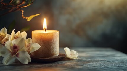 Poster - Burning candle on a dark background with some flowers creates a relaxing and calm atmosphere. Perfect for wellness and spa concept
