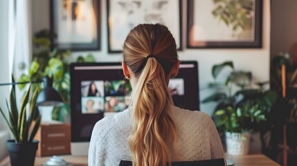 Back view of female employee talking on video call