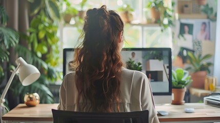 Back view of female employee talking on video call