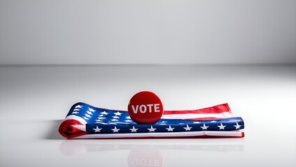 Election Symbols. Election day emblems for the United States of America include a vote button resting on an American flag on a white backdrop.