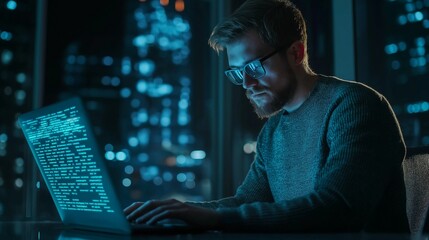 programmer hunched over his laptop analyzes code