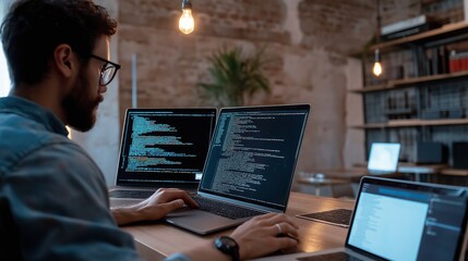 programmer hunched over his laptop analyzes code