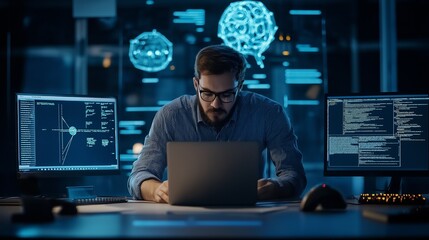 programmer hunched over his laptop analyzes code