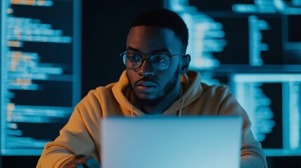 programmer hunched over his laptop analyzes code