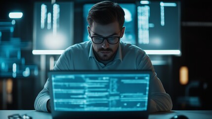 programmer hunched over his laptop analyzes code