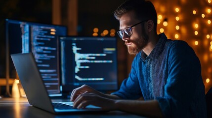 programmer hunched over his laptop analyzes code