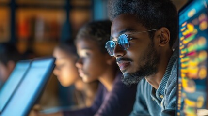 programmer hunched over his laptop analyzes code
