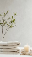 Poster - Eucalyptus branches, towels and a burning candle are placed on a table creating a relaxing atmosphere. This image evokes the wellness treatments provided in a spa