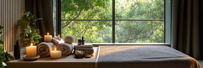 Poster - Bright sunlit room with a massage table and spa treatment products set up on a wooden table, ready for clients to come and enjoy a relaxing massage