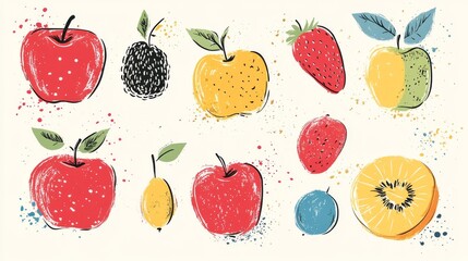 Hand-drawn cherries and apples, colorful abstract minimal style, vector illustration