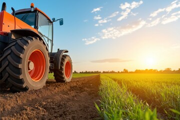 A sunset casts warm hues over a lush green field, highlighting a vibrant orange tractor. This scene embodies rural life and agricultural dedication and success.