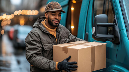 A delivery driver wears a warm jacket and gloves while unloading a cardboard box from a blue van on a rainy evening in the city