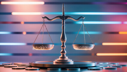  Law scales on background of data center. Digital law concept of duality of Judiciary, Jurisprudence and Justice and data in the modern world. Copy space.