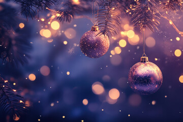 Christmas balls hanging from a tree branch, gently swaying in the winter breeze, creating a festive and colorful display.