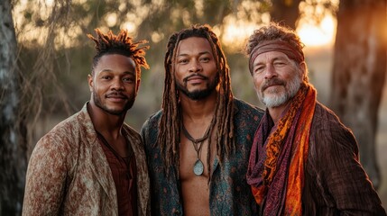 Three men are posing outdoors at sunset, exhibiting a strong sense of community and connection through their expressions and traditional-inspired attire against natural scenery.