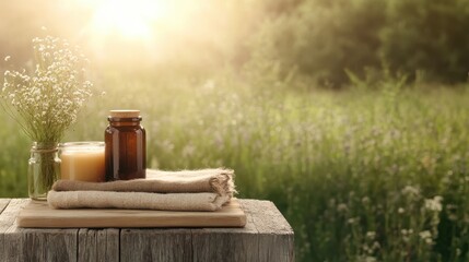 This image portrays two glass jars and folded towels placed on a wooden surface, framed by a sunlit meadow backdrop lending a serene and relaxing ambiance.