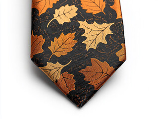 Stylish necktie with autumn leaves pattern on a white isolate background.